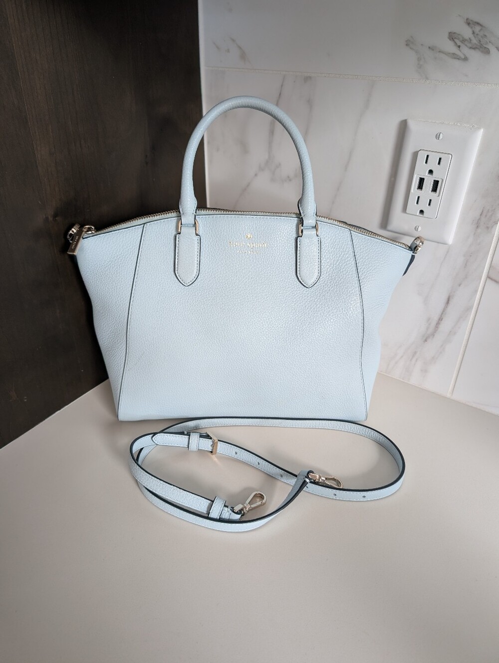 Kate Spade New York Medium Baby Blue Leather Satchel Tote Bag